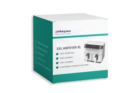 Custom air fryer product packaging box design and printing service by Ambeyson for appliance branding and retail packaging