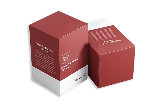 Custom pharmaceutical packaging box design for Esomeprazole capsules with premium medicine carton printing by Ambeyson.